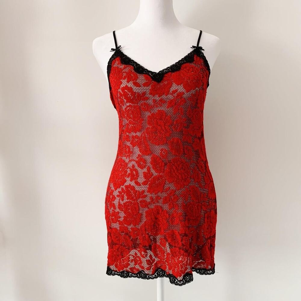 Vintage Cacique Red Floral Lace Slip Dress Size S